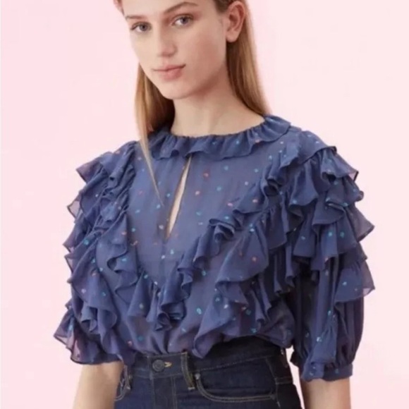 Rebecca Taylor Silk Glitter Gem Chiffon Ruffle Blouse Sz 2 Festive Flowy READ - Picture 1 of 15